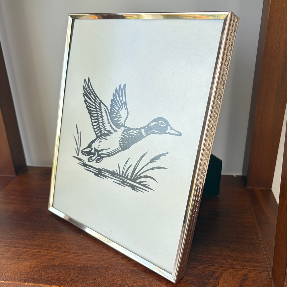 Vintage Mallard Duck Art Print in Brass Etched Metal Frame 8x10 Tabletop